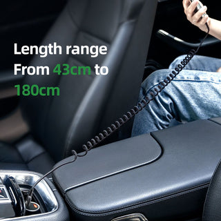 Car armrest with a cable extension, showing length range from 43cm to 180cm.