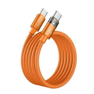 An orange braided USB-C to USB-C charging cable coiled in a loop, featuring metallic orange connector housings and a silver connector tip, shown on a white background with the Mcdodo brand logo in the top left corner.