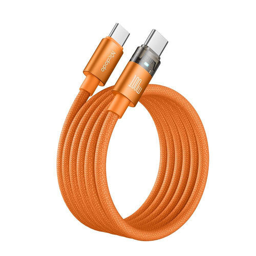 An orange braided USB-C to USB-C charging cable coiled in a loop, featuring metallic orange connector housings and a silver connector tip, shown on a white background with the Mcdodo brand logo in the top left corner.