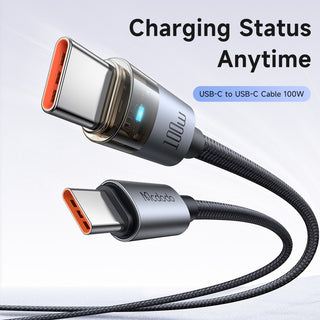 A 100W USB-C to USB-C cable with a transparent charging status window showing charging indicators, displayed on a light gray background with promotional text.