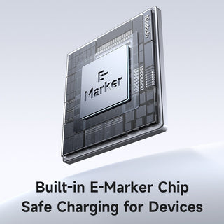 E-Marker chip with text 'Built-in E-Marker Chip Safe Charging for Devices' on a light gray background