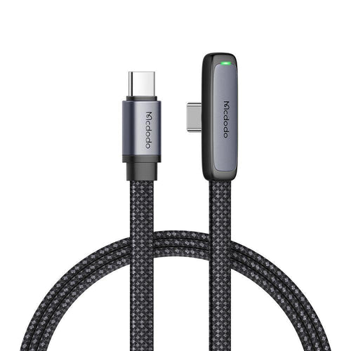 A black Mcdodo right angle flat USB C to USB C fast charger cable with a braided design.