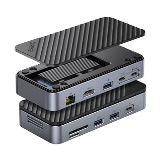 ORICO 10-in-1 USB C Hub with 10Gbps M.2 NVMe SSD Enclosure, Built-In Cooling Fan - product main grey front angled view - b.savvi