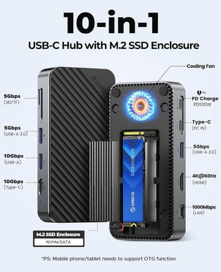ORICO 10-in-1 USB C Hub with 10Gbps M.2 NVMe SSD Enclosure, Built-In Cooling Fan - product details ports - b.savvi