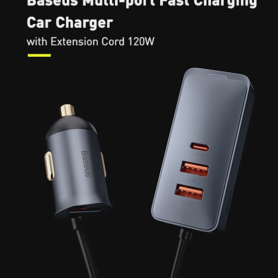 Baseus 120W Car Charger 4 Port USB PD 1.5m Extension Cable - product video overview - b.savvi