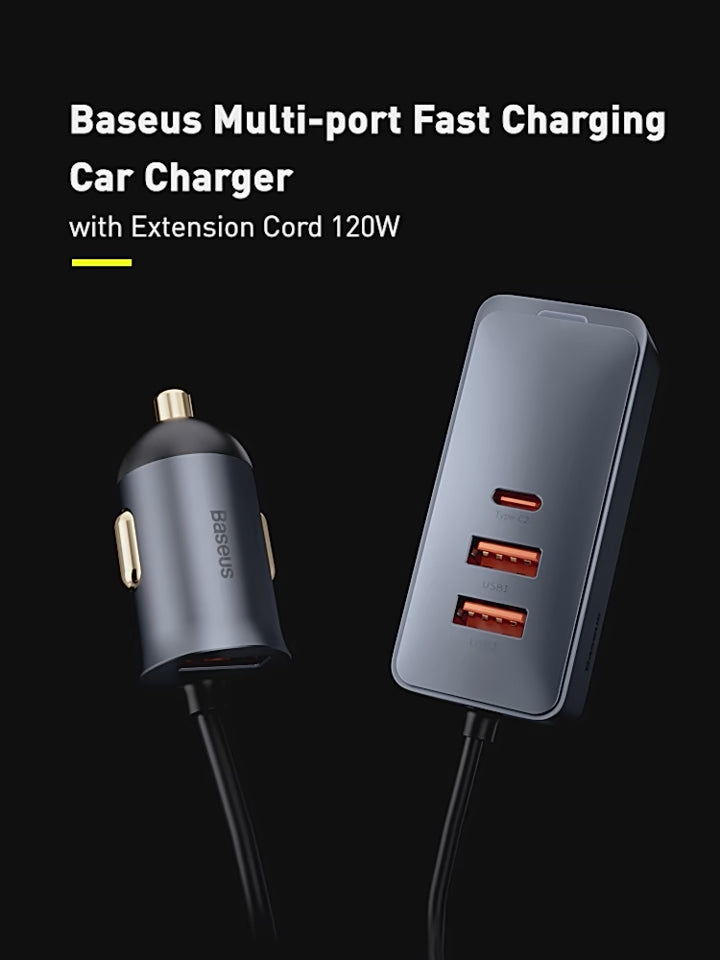 Baseus 120W Car Charger 4 Port USB PD 1.5m Extension Cable - product video overview - b.savvi