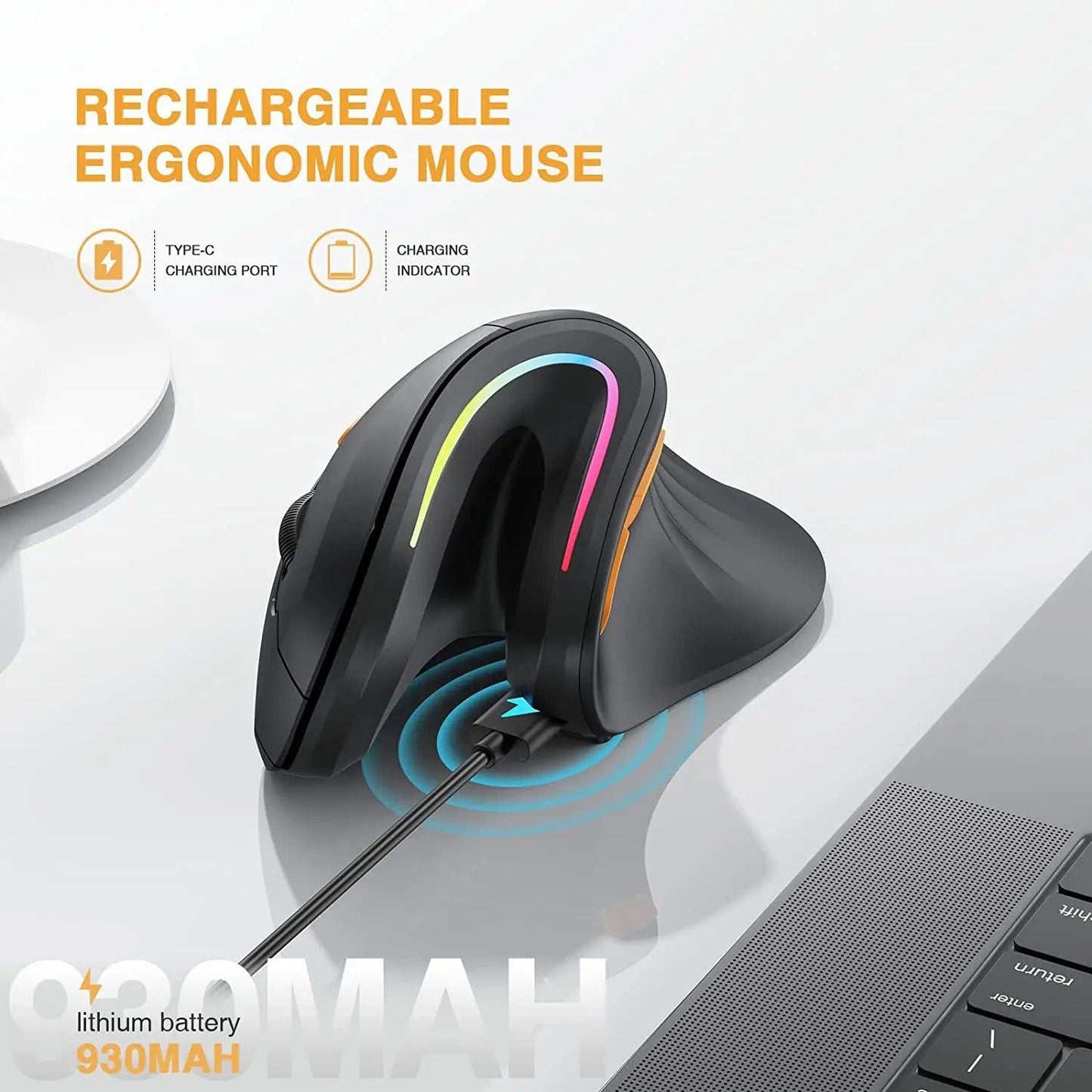 ProtoArc Ergonomic Vertical Wireless Bluetooth RGB Mouse - product details rechargeable - b.savvi