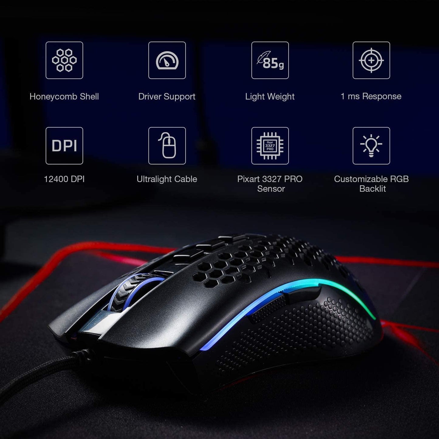 Redragon M808 Storm Ultralight Honeycomb RGB Gaming Mouse - product details overview - b.savvi