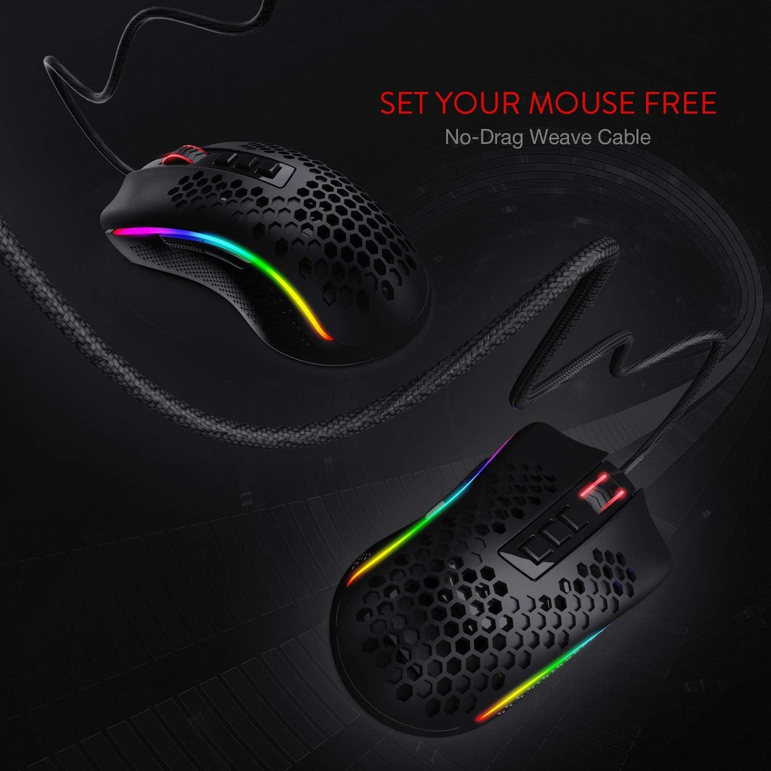 Redragon M808 Storm Ultralight Honeycomb RGB Gaming Mouse - product details no drag weave cable - b.savvi