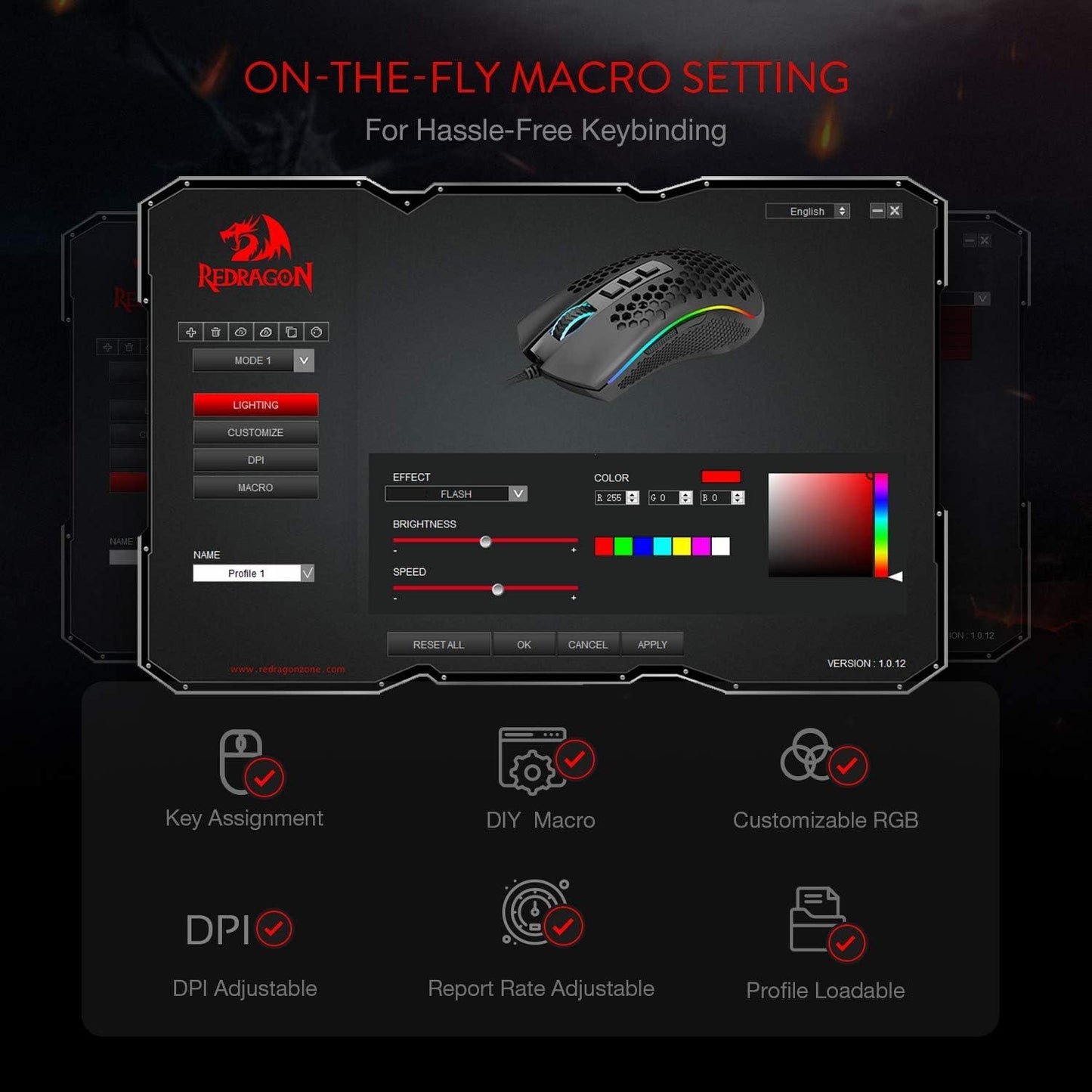 Redragon M808 Storm Ultralight Honeycomb RGB Gaming Mouse - product details on the fly macro settings - b.savvi