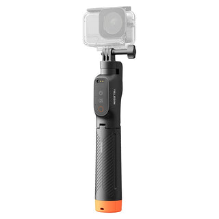 A black and gray handheld selfie stick with an orange accent at the bottom, shown with a clear protective camera case mounted on top, isolated on a white background.