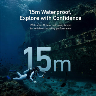 Underwater advertisement showing a diver exploring a shipwreck with text reading '15m Waterproof, Explore with Confidence' and 'IP68 rated, 72-hour salt spray tested for reliable snorkeling performance.'.