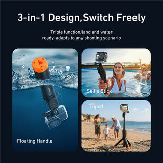 Promotional graphic for a 3-in-1 selfie stick with floating handle, showing three panels: one underwater with an orange-capped floating handle, one with a woman using it as a selfie stick in a pool, and one with it set up as a tripod on a beach.
