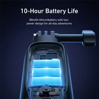 A close-up of a black handheld device with its battery compartment open, showing three glowing blue battery cells. White text at the top reads '10-Hour Battery Life' and '80mAh lithiumbattery with low-power design for all-day adventures' on a dark blue background.