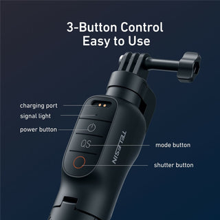 A close-up product diagram of a black handheld gimbal control module with labeled callouts for charging port, signal light, power button, mode button, and shutter button, under the heading '3-Button Control Easy to Use' on a dark blue background.