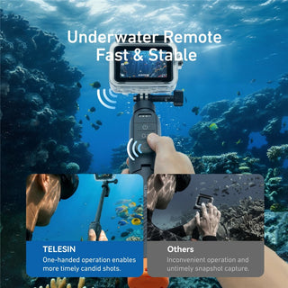 Underwater remote control for a handheld action camera, shown mounted on a black handle being held by a hand in an underwater scene. The image includes marketing text ('Underwater Remote Fast & Stable') and two inset comparison photos labeled 'TELESIN' and 'Others'.
