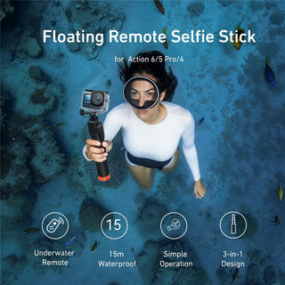 A woman wearing a snorkel and mask swims underwater while holding a floating remote selfie stick with an action camera attached. The image includes text reading 'Floating Remote Selfie Stick' and feature icons for 'Underwater Remote,' '15m Waterproof,' 'Simple Operation,' and '3-in-1 Design.