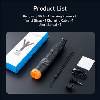 Product list graphic showing a black handheld buoyancy stick with an orange tip, alongside its blue-and-white box, wrist strap, charging cable, adapter, and user manual on a dark background.