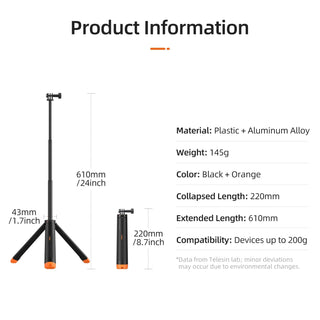 TELESIN 4-in-1 Waterproof Selfie Stick, Floating Hand Grip & Tripod for GoPro, Insta360, DJI OSMO - product details - b.savvi