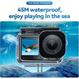 A waterproof housing case for an action camera shown underwater with a turtle on the screen and large blue text reading '45M waterproof, enjoy playing in the sea.' The case is transparent and black, with a mounted lens in front.