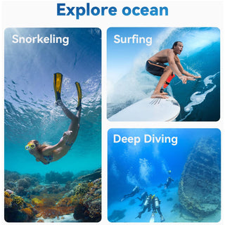 A promotional collage with the headline 'Explore ocean' showing three ocean activity scenes: a person snorkelling underwater, a surfer riding a wave, and divers exploring deep blue water near a shipwreck. No specific physical product is clearly being sold, so this fits Other rather than Product/Packaging or Lifestyle.