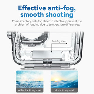 Clear camera lens protector with anti-fog sheet and before/after effect on a white background