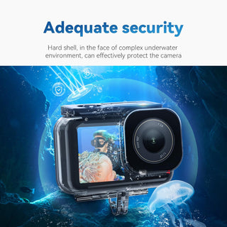 Camera with underwater housing in an oceanic setting, emphasising security and protection.