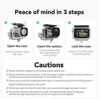 An instructional graphic titled 'Peace of mind in 3 steps' showing how to open, insert a camera into a waterproof housing, and lock the case. It includes numbered steps with photos of a black action camera in a clear waterproof case, plus a 'Cautions' section with five bullet points on a white background.
