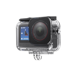 Action camera with clear protective casing on a white background