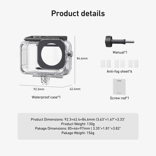 Product details graphic showing a clear waterproof case with black trim, plus included accessories: a manual, six anti-fog sheets, and a screw rod. The image includes labeled dimensions for the case and a text box with product and package dimensions and weights on a light gray background.