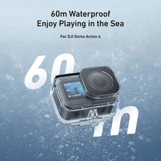 A waterproof housing case for a DJI Osmo Action 6 camera, shown underwater with text reading '60m Waterproof Enjoy Playing in the Sea' and 'For DJI Osmo Action 6'.