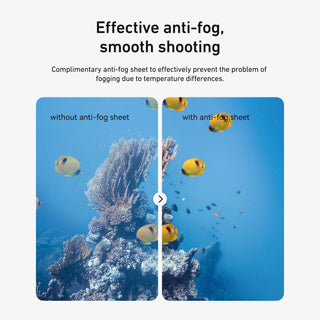 Comparison of underwater scene with and without an anti-fog sheet, showing clear visibility.