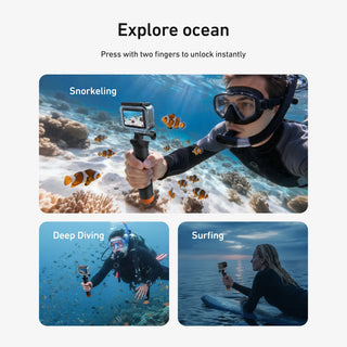 Action camera being used by a person snorkeling, diving, and surfing with underwater scenes.