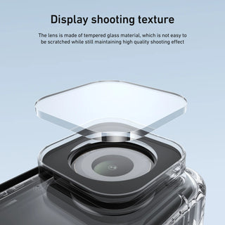 Phone camera lens with protective cover on a light blue background