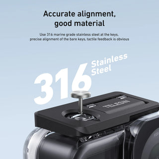 Close-up of a camera strap or mounting accessory with a black top plate and silver metal keyhole hardware, shown on a light blue background with marketing text about stainless steel and accurate alignment.