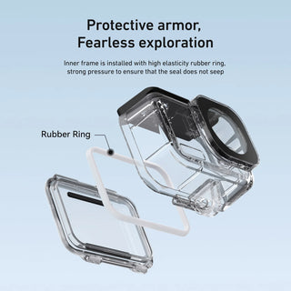 Clear protective case with rubber ring for a device, on a light blue background.