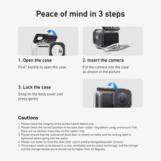 Instructions for using a waterproof camera case with images and text.