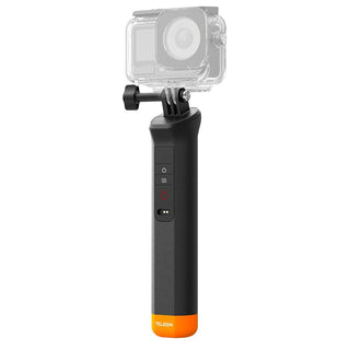 A black handheld gimbal with an orange accent at the base and a mounted action camera in a clear protective housing, shown on a plain white background.