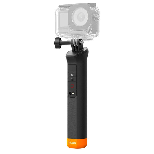 A black handheld gimbal with an orange accent at the base and a mounted action camera in a clear protective housing, shown on a plain white background.