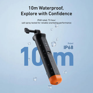 A waterproof handheld snorkeling or diving device with a black body and orange bottom tip, shown floating on a light blue background with text highlighting 10m waterproof rating and IP68 certification.