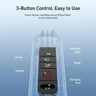 A close-up labeled diagram of a small black remote control inside a transparent case on a blue gradient background. Text reads '3-Button Control, Easy to Use' and labels the buttons as Power, Mode, Shutter, and Charging Port, with an indicator light shown.