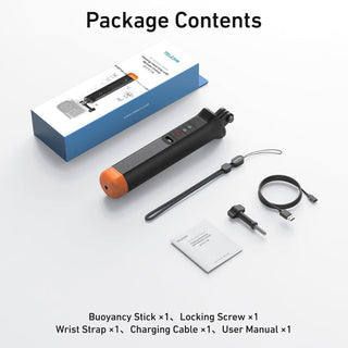Package contents layout showing a black and orange buoyancy stick, blue and white retail box, wrist strap, charging cable, mounting hardware, and a user manual on a light gray background with 'Package Contents' text.