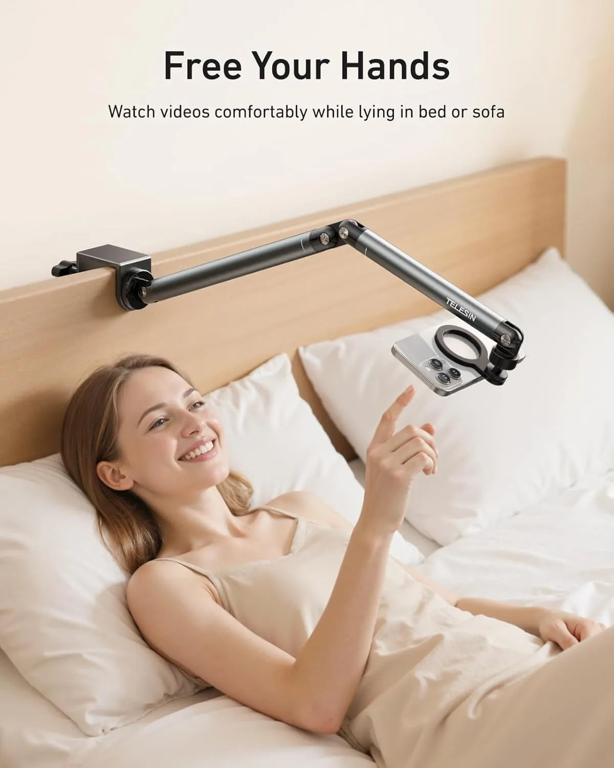 TELESIN Magnetic Phone Holder Clamp for Desk Bed, 360° Arm –