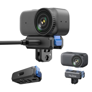 Black Telesin camera mount with a lens, shown from multiple angles on a white background, including a close-up of the back connector and a small inset showing the brand name.