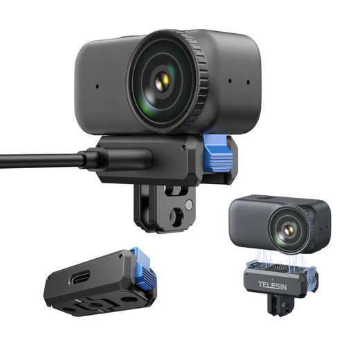 Black Telesin camera mount with a lens, shown from multiple angles on a white background, including a close-up of the back connector and a small inset showing the brand name.
