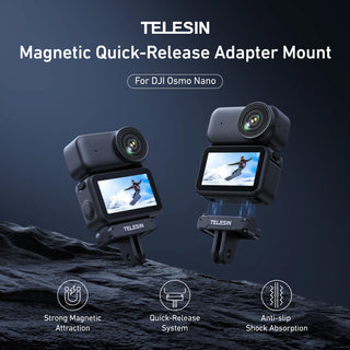 TELESIN Magnetic Quick-Release Adapter Mount shown in a promotional graphic for the DJI Osmo Nano. The image features two black camera adapters with a mounted Osmo camera, set against a dark blue textured background with three feature icons at the bottom highlighting magnetic attraction, quick-release system, and anti-slip shock absorption.