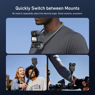 Camera mount system being used on a person, two people holding a selfie stick, and a person on a bike with the mount.