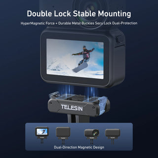 Telesin double lock stable mounting bracket for action cameras, featuring a dark gray metal bracket with magnetic locking technology, shown with a camera and a demonstration of dual-direction magnetic design.