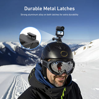 A man wearing a black ski helmet and goggles on a snowy mountain, with a black action camera mounted on the helmet. White text at the top reads 'Durable Metal Latches' with a circular inset showing a close-up of the black metal latch hardware.