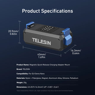 Product specifications diagram for a Telesin magnetic quick-release charging adapter mount, showing a 3D rendered product with dimensions and a list of details on a dark blue background.